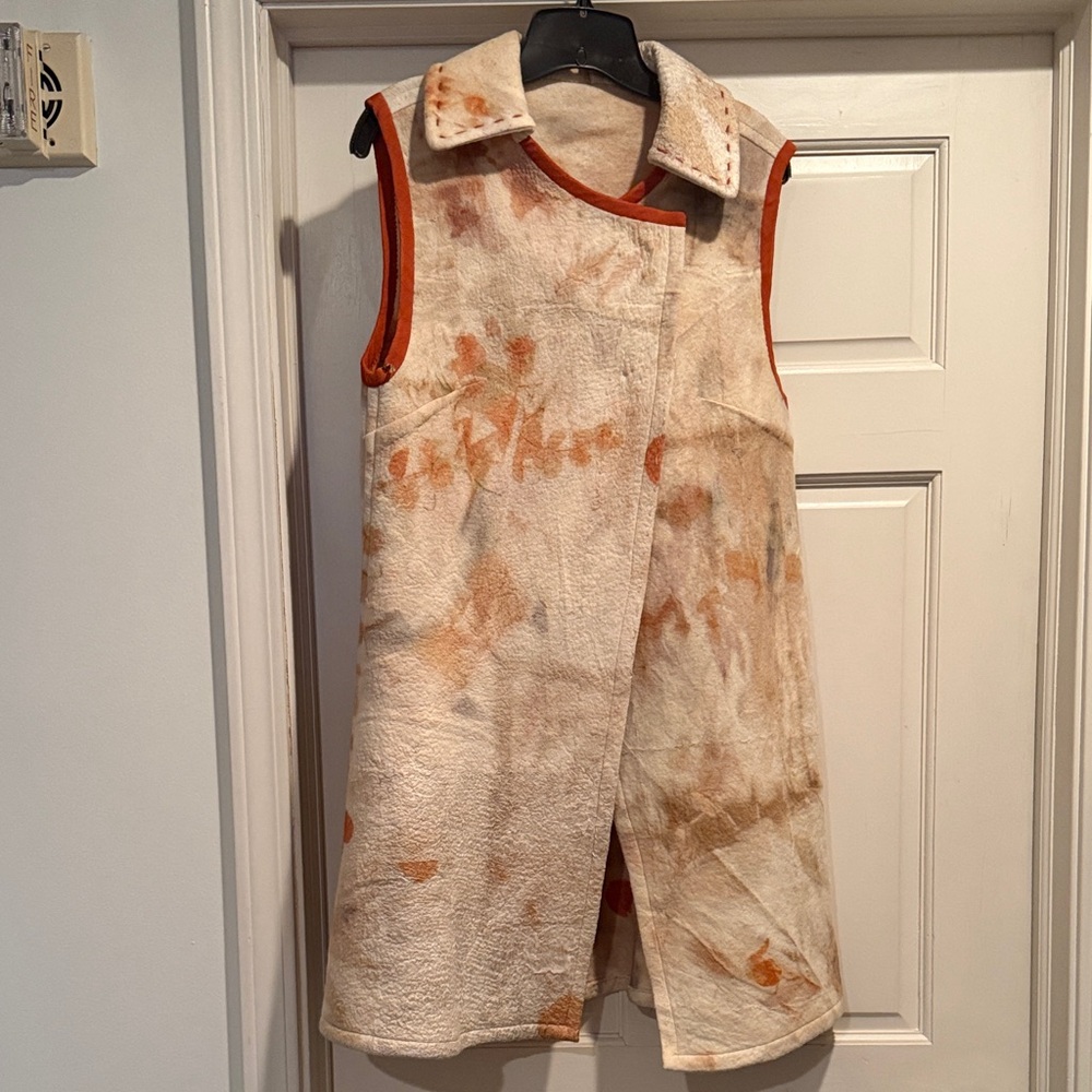 Hand felled Nuno eco print Sleeveless Beige and Orange Vest. Silk  and wool